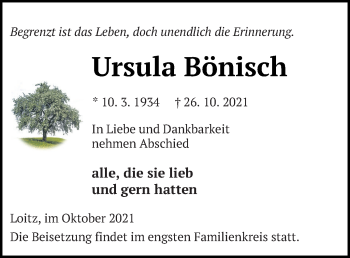 Traueranzeige von Ursula Bönisch von Vorpommern Kurier