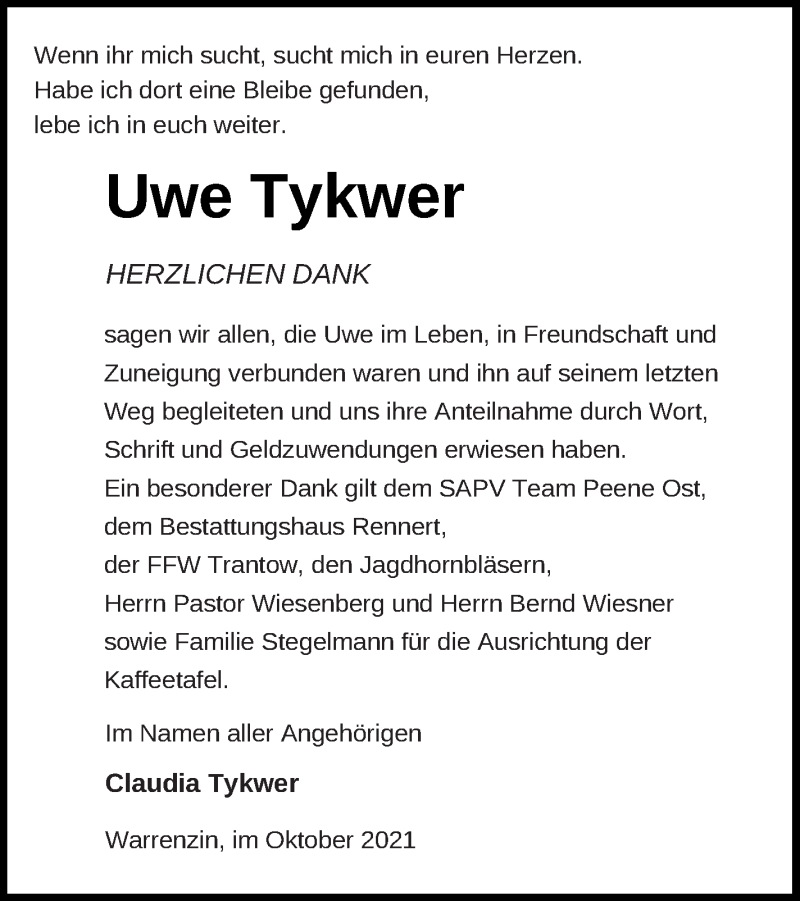  Traueranzeige für Uwe Tykwer vom 05.11.2021 aus Vorpommern Kurier