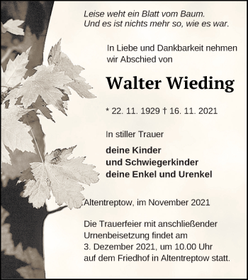 Traueranzeige von Walter Wieding von Neubrandenburger Zeitung