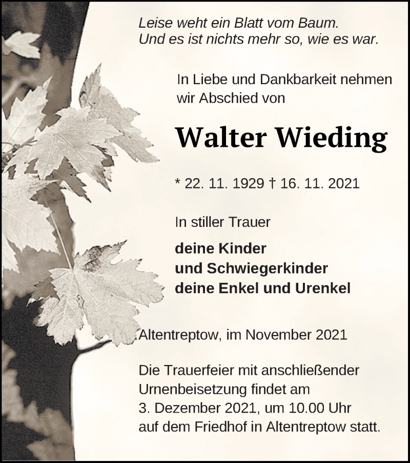  Traueranzeige für Walter Wieding vom 20.11.2021 aus Neubrandenburger Zeitung