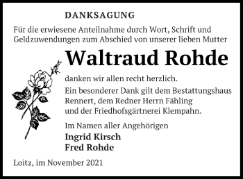 Traueranzeige von Waltraud Rohde von Vorpommern Kurier