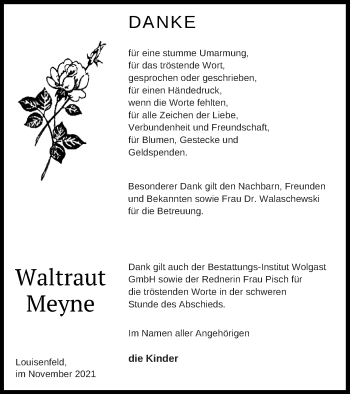 Traueranzeige von Waltraut Meyne von Müritz-Zeitung