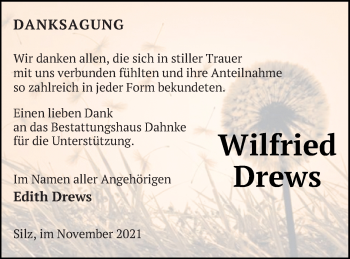 Traueranzeige von Wilfried Drews von Müritz-Zeitung