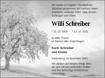 Traueranzeige von Willi Schreiber von Strelitzer Zeitung