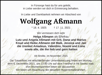 Traueranzeige von Wolfgang Aßmann von Strelitzer Zeitung