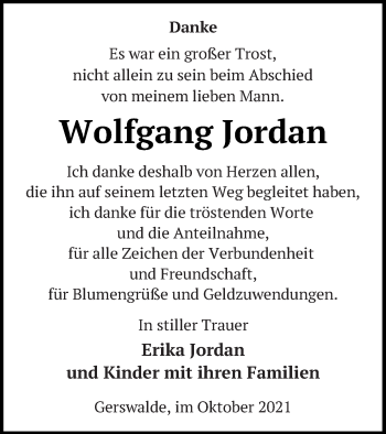 Traueranzeige von Wolfgang Jordan von Templiner Zeitung