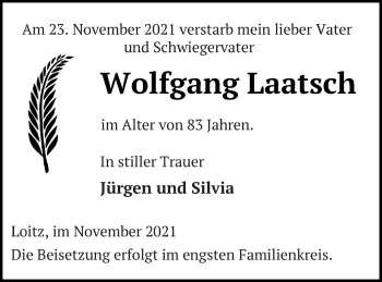 Traueranzeige von Wolfgang Laatsch von Vorpommern Kurier