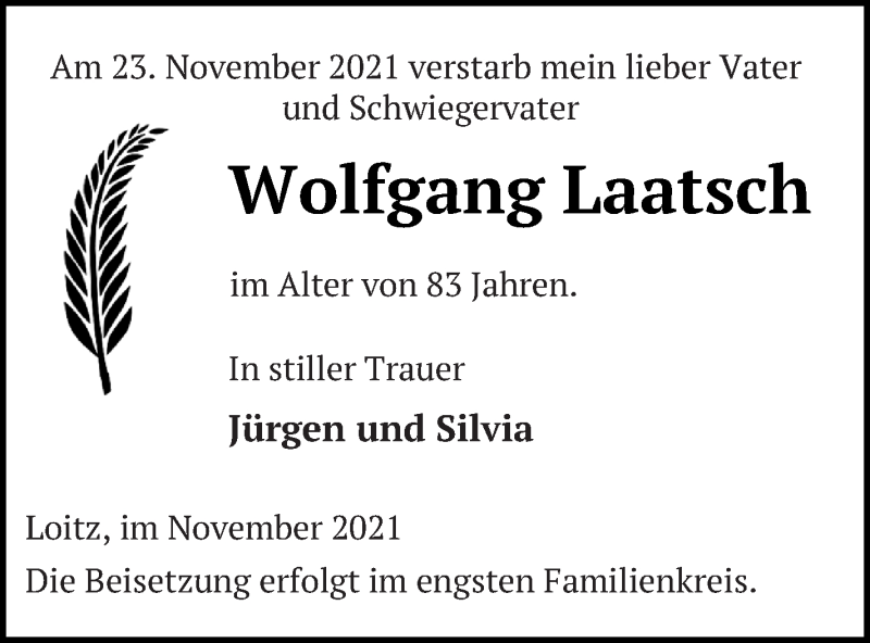  Traueranzeige für Wolfgang Laatsch vom 30.11.2021 aus Vorpommern Kurier