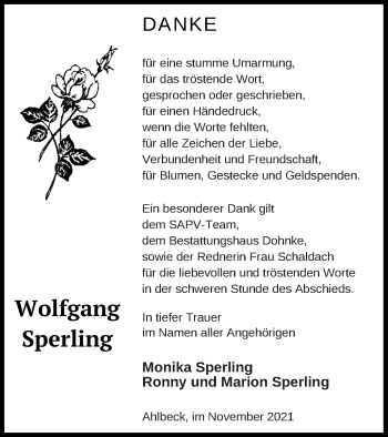 Traueranzeige von Wolfgang Sperling von Haff-Zeitung