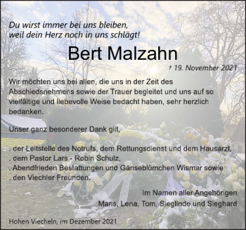 Traueranzeige von Bert Malzahn von Zeitung für die Landeshauptstadt