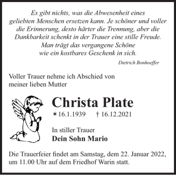 Traueranzeige von Christa Plate von Anzeiger für Sternberg - Brüel - Warin