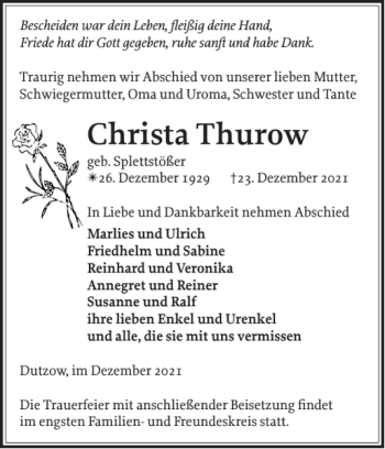 Traueranzeige von Christa Thurow von Gadebusch-Rehnaer Zeitung