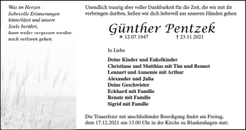 Traueranzeige von Günther Pentzek von Güstrower Anzeiger