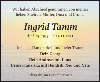 Traueranzeige von Ingrid Tamm von Zeitung für die Landeshauptstadt