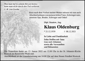 Traueranzeige von Klaus Oldenburg von Norddeutsche Neueste Nachrichten