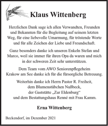 Traueranzeige von Klaus Wittenberg von Zeitung für Lübz - Goldberg - Plau