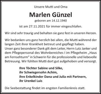 Traueranzeige von Marlen Günzel von Zeitung für die Landeshauptstadt