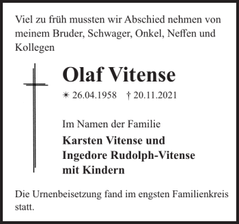 Traueranzeige von Olaf Vitense von Zeitung für die Landeshauptstadt