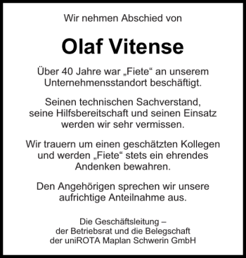 Traueranzeige von Olaf Vitense von Zeitung für die Landeshauptstadt