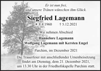 Traueranzeige von Siegfried Lagemann von Parchimer Zeitung