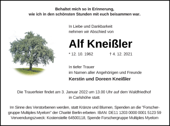 Traueranzeige von Alf Kneißler von Neubrandenburger Zeitung