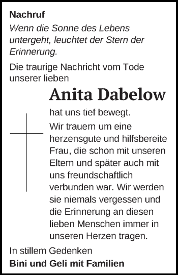 Traueranzeige von Anita Dabelow von Vorpommern Kurier