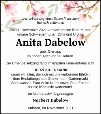 Traueranzeige von Anita Dabelow von Vorpommern Kurier