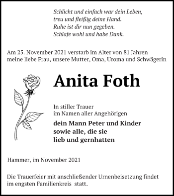 Traueranzeige von Anita Foth von Haff-Zeitung