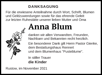 Traueranzeige von Anna Blum von Vorpommern Kurier