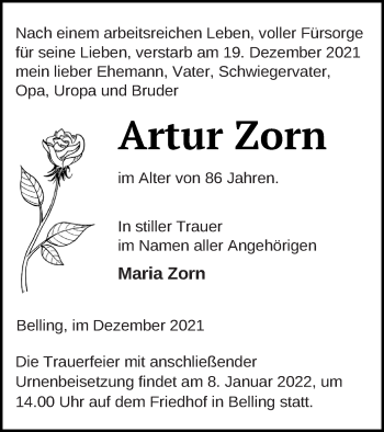 Traueranzeige von Artur Zorn von Pasewalker Zeitung