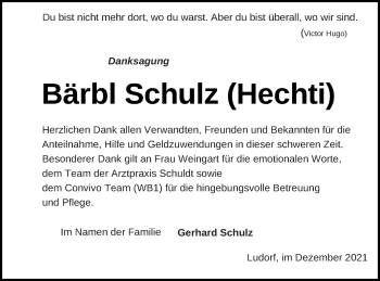 Traueranzeige von Bärbl Schulz von Müritz-Zeitung