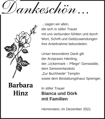 Traueranzeige von Barbara Hinz von Templiner Zeitung