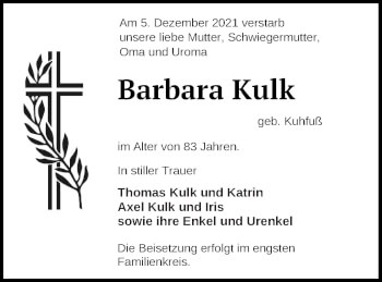 Traueranzeige von Barbara Kulk von Müritz-Zeitung