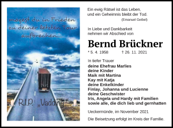 Traueranzeige von Bernd Brückner von Haff-Zeitung
