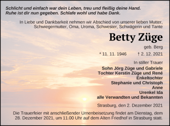 Traueranzeige von Betty Züge von Pasewalker Zeitung