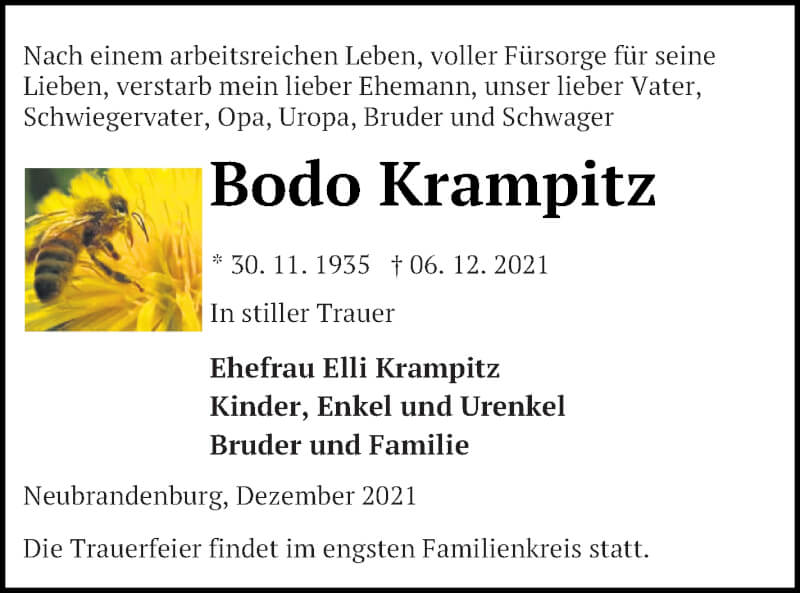  Traueranzeige für Bodo Krampitz vom 11.12.2021 aus Neubrandenburger Zeitung