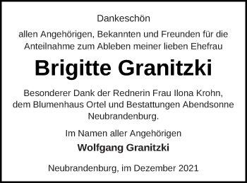 Traueranzeige von Brigitte Granitzki von Neubrandenburger Zeitung