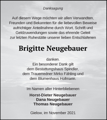 Traueranzeige von Brigitte Neugebauer von Mecklenburger Schweiz