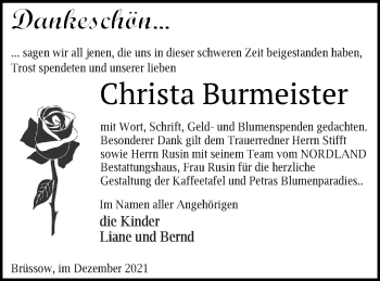 Traueranzeige von Christa Burmeister von Prenzlauer Zeitung