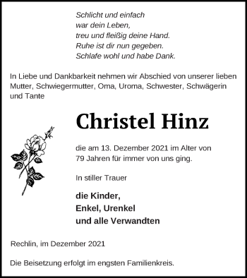 Traueranzeige von Christel Hinz von Müritz-Zeitung