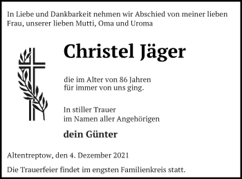 Traueranzeige von Christel Jäger von Neubrandenburger Zeitung