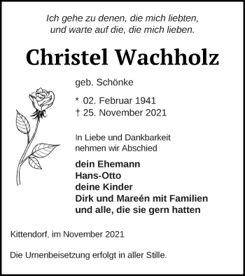 Traueranzeige von Christel Wachholz von Mecklenburger Schweiz