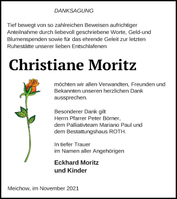 Traueranzeige von Christiane Moritz von Prenzlauer Zeitung