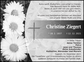 Traueranzeige von Christine Ziegert von Haff-Zeitung