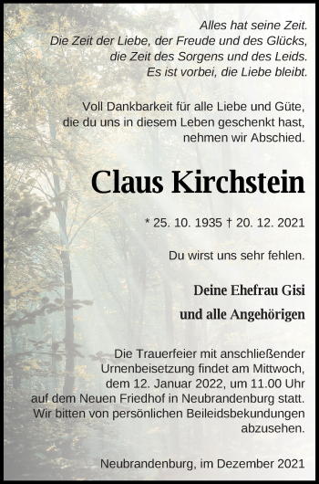 Traueranzeige von Claus Kirchstein von Neubrandenburger Zeitung