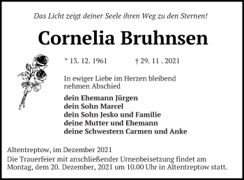 Traueranzeige von Cornelia Bruhnsen von Neubrandenburger Zeitung