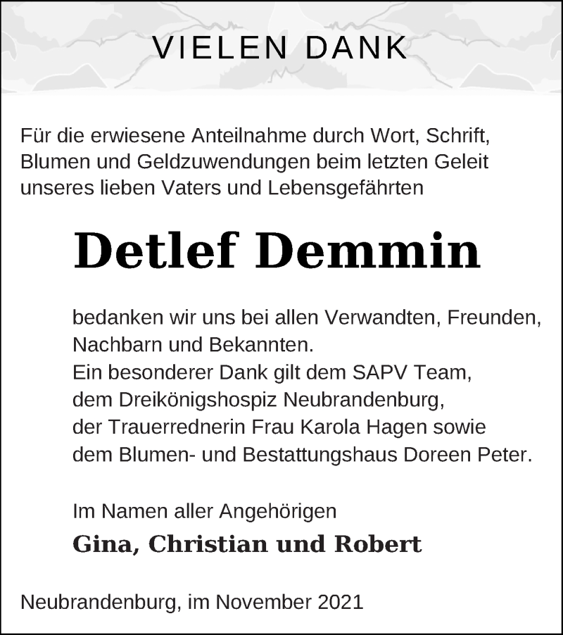  Traueranzeige für Detlef Demmin vom 03.12.2021 aus Neubrandenburger Zeitung