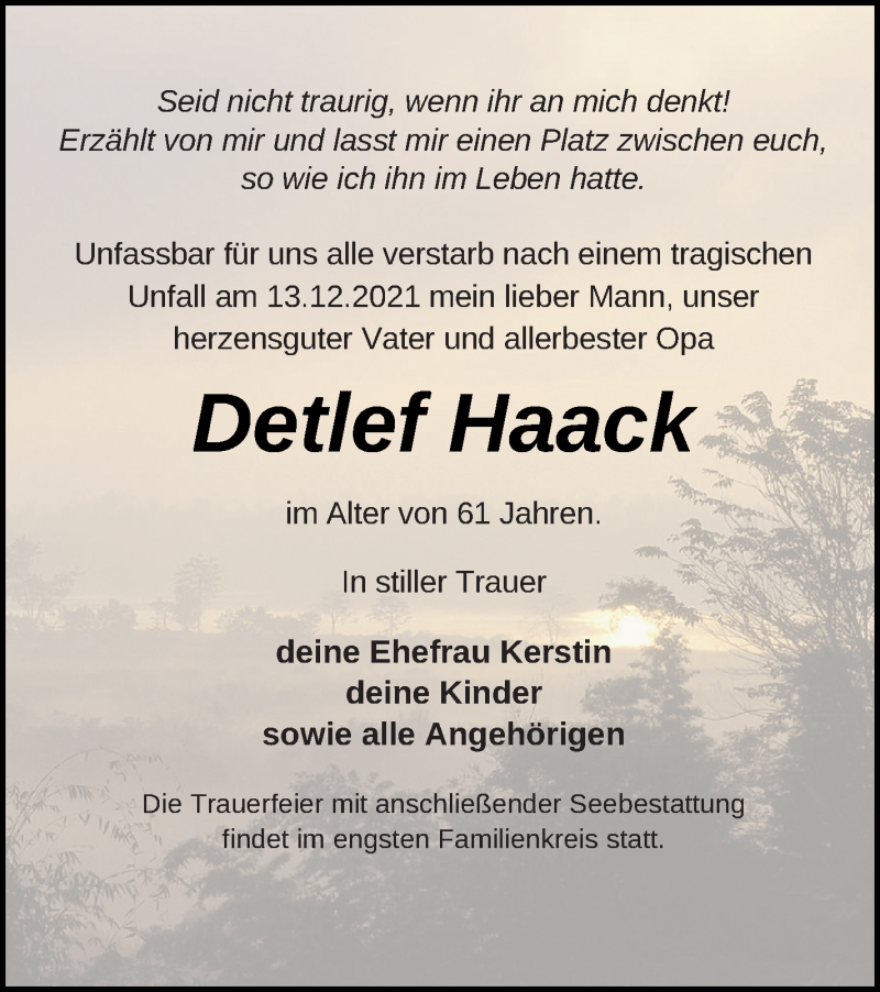  Traueranzeige für Detlef Haack vom 23.12.2021 aus Haff-Zeitung