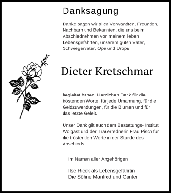 Traueranzeige von Dieter Kretschmar von Müritz-Zeitung