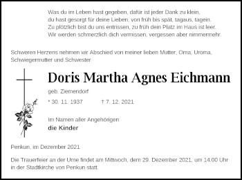 Traueranzeige von Doris Martha Agnes Eichmann von Pasewalker Zeitung